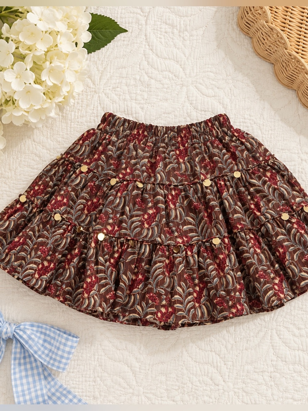 Pink Chicken Burgundy Floral Tiered Skirt with Gold Buttons